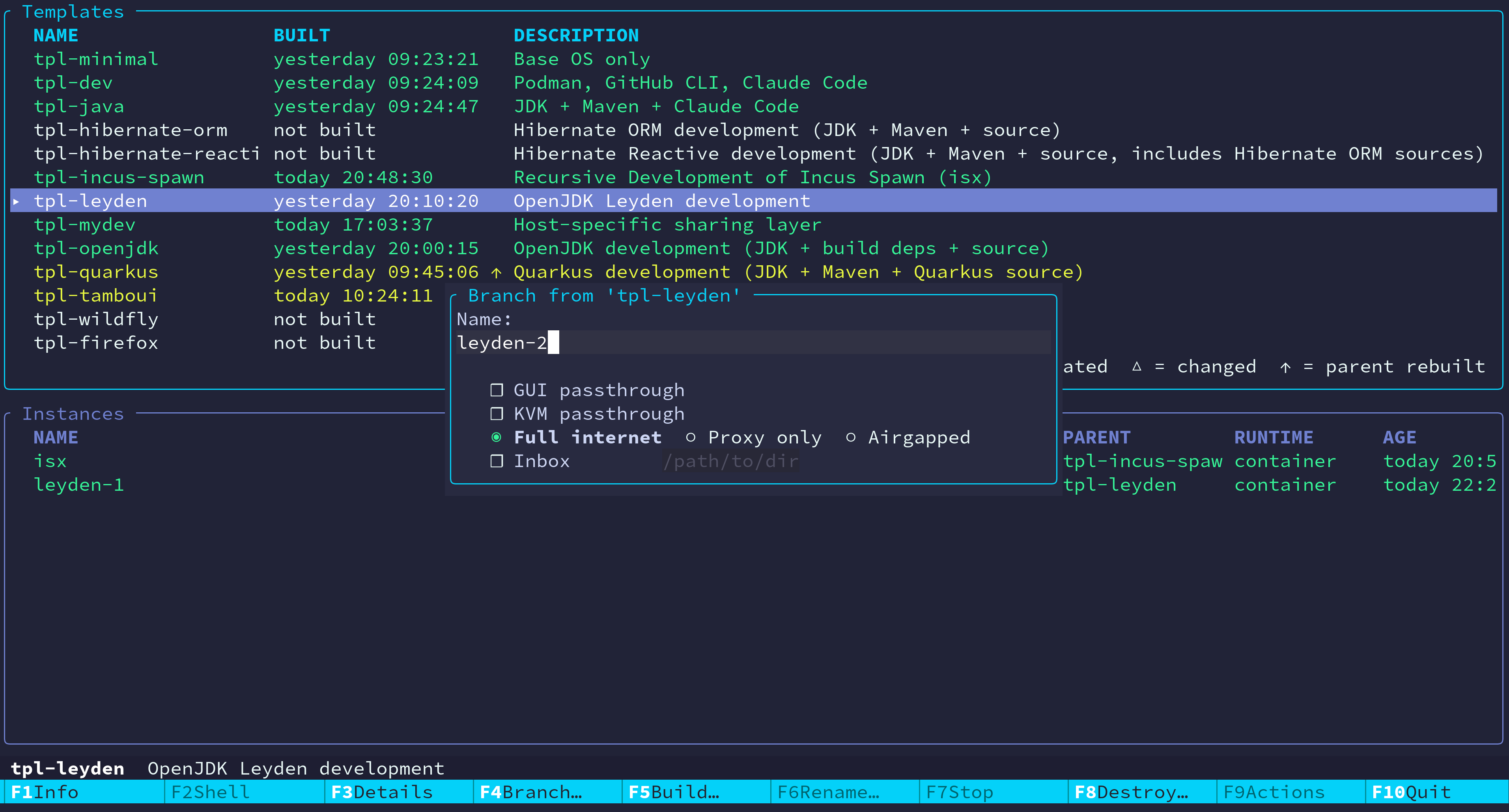 incus-spawn interactive TUI showing templates and instances